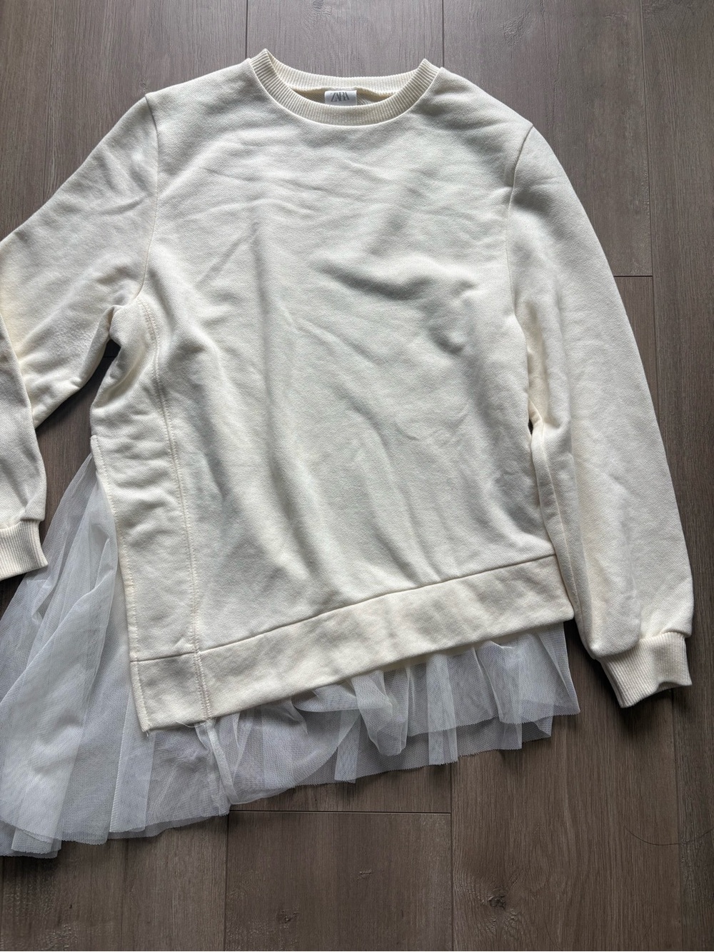 ZARA White Crewneck Tulle Hem Sweatshirt for girls